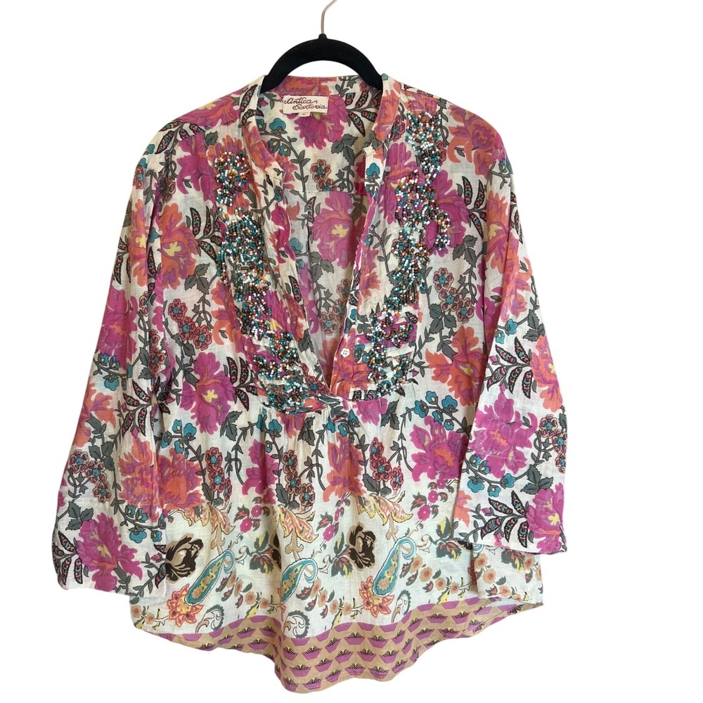 Antica Sartoria Positano‎ Floral Beaded Boho Tunic Top Pink Orange Size 3 L